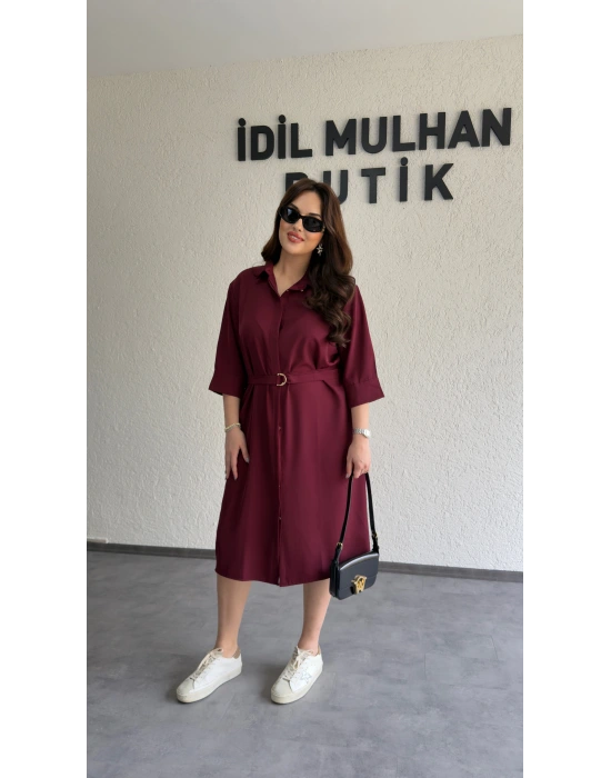 Bordo Kuşaklı Premium Gömlek Elbise
