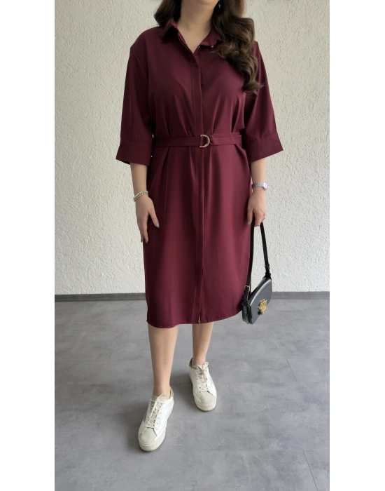 Bordo Kuşaklı Premium Gömlek Elbise
