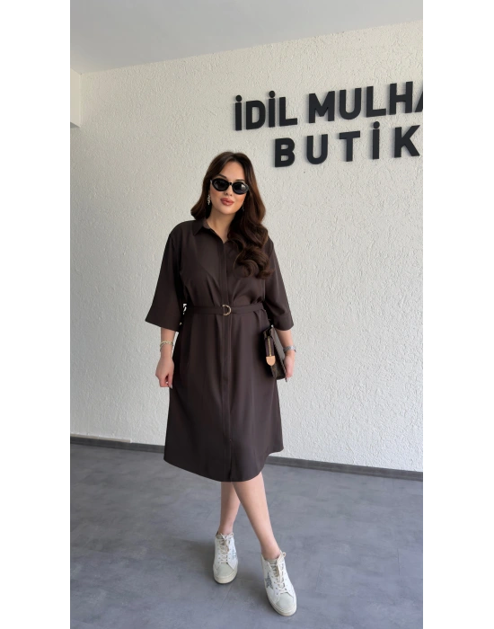 Acı Kahve Kuşaklı Premium Gömlek Elbise