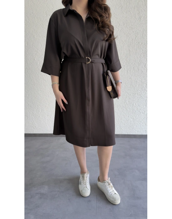 Acı Kahve Kuşaklı Premium Gömlek Elbise