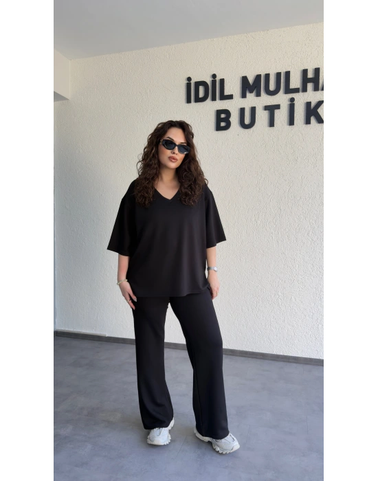 Siyah Oysh Kumaş V Yaka Salaş Takım