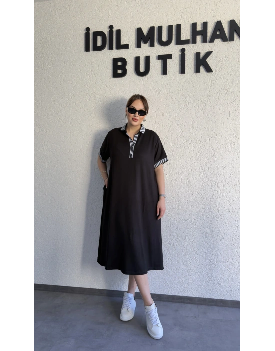 Siyah Ribana Detaylı Günlük Elbise