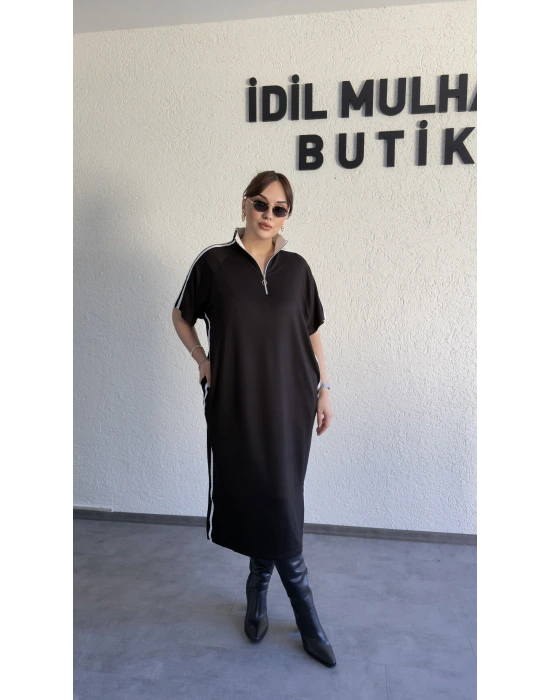 Fermuarlı Yaka Siyah Rahat Kesim Elbise