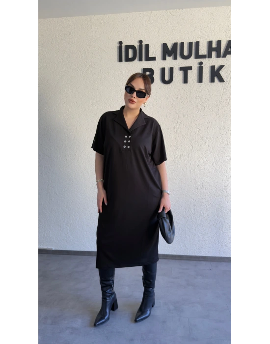 Siyah Polo Yaka Düğme Detaylı Elbise
