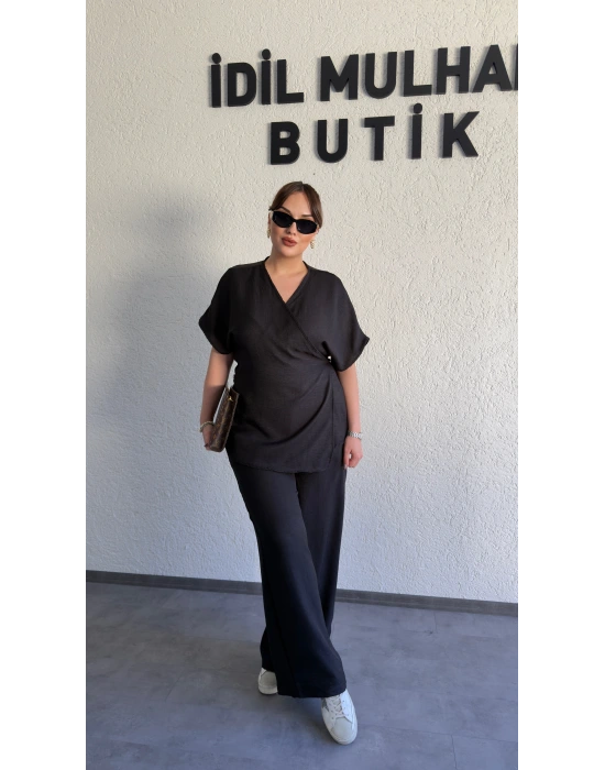 Siyah Kruvaze Bluz Pantolon Takım