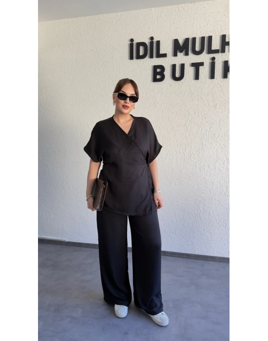 Siyah Kruvaze Bluz Pantolon Takım