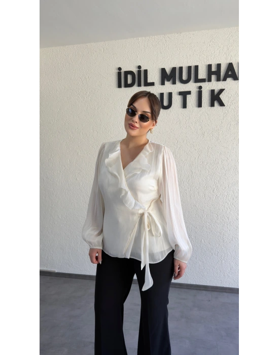 Ekru Kruvaze Yaka Volanlı Bağlamalı Bluz