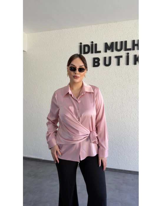 Pudra Pembe Saten Yandan Bağlamalı Gömlek