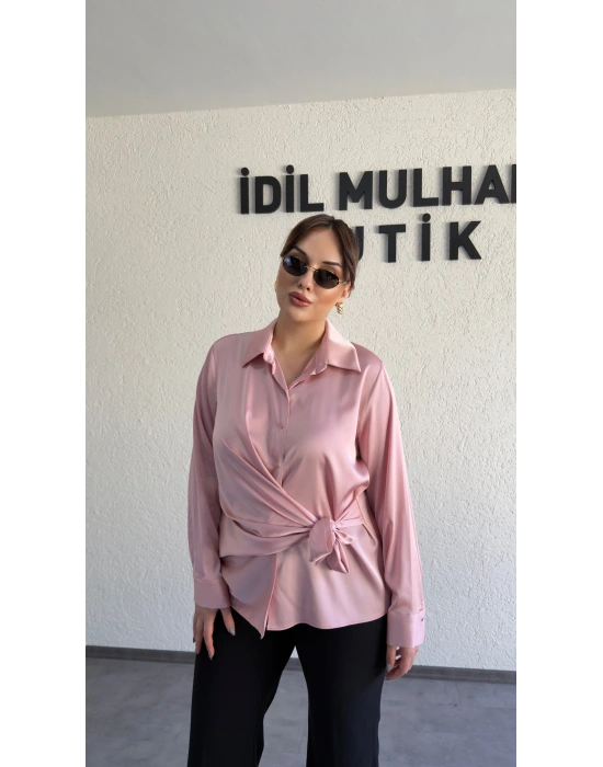 Pudra Pembe Saten Yandan Bağlamalı Gömlek