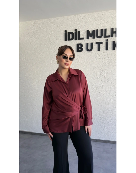 Bordo Saten Yandan Bağlamalı Gömlek