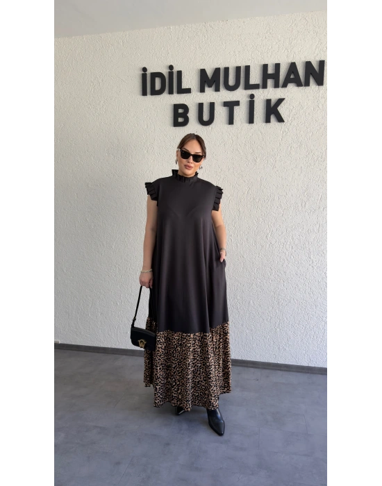 Siyah Eteği Leopar Desenli Fırfırlı Elbise