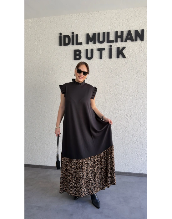 Siyah Eteği Leopar Desenli Fırfırlı Elbise
