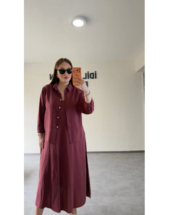 Bordo Askılı Elbise Çıkarılabilir Gömlek Detaylı Takım