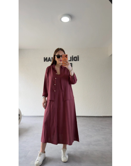 Bordo Askılı Elbise Çıkarılabilir Gömlek Detaylı Takım