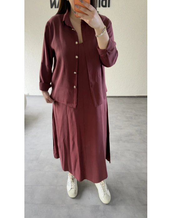 Bordo Askılı Elbise Çıkarılabilir Gömlek Detaylı Takım