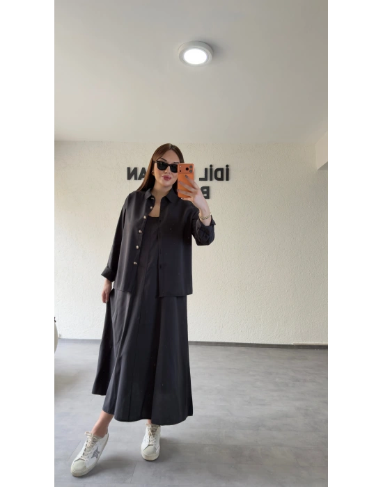 Siyah Askılı Elbise Çıkarılabilir Gömlek Detaylı Takım