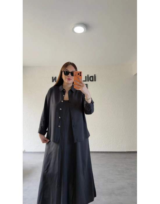 Siyah Askılı Elbise Çıkarılabilir Gömlek Detaylı Takım