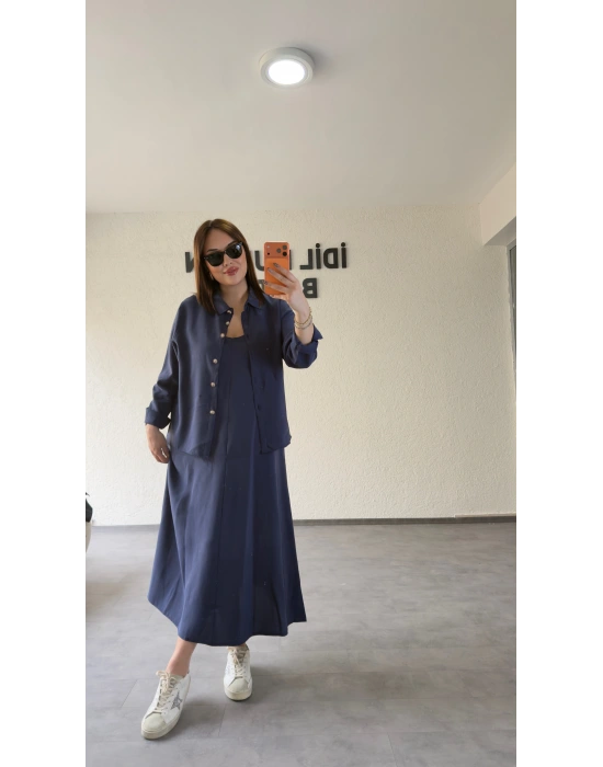 Lacivert Askılı Elbise Çıkarılabilir Gömlek Detaylı Takım