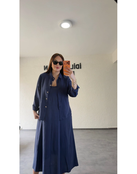 Lacivert Askılı Elbise Çıkarılabilir Gömlek Detaylı Takım