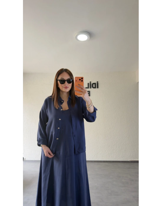 Lacivert Askılı Elbise Çıkarılabilir Gömlek Detaylı Takım