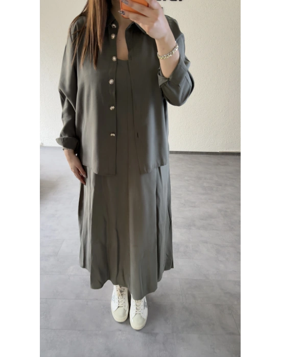 Haki Askılı Elbise Çıkarılabilir Gömlek Detaylı Takım
