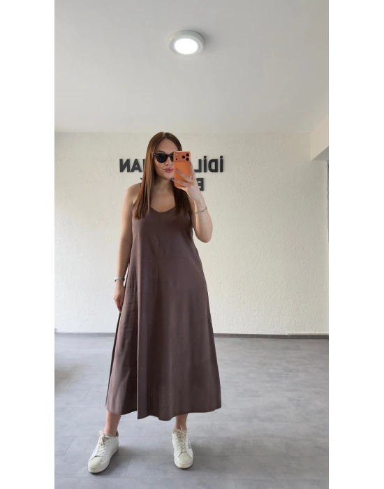 Kahverengi Askılı Elbise Çıkarılabilir Gömlek Detaylı Takım