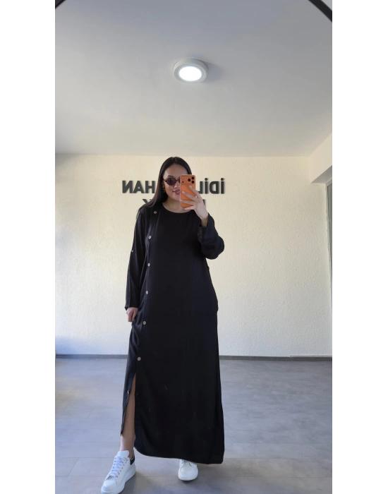 Siyah Salaş Kesim Düğmeli Elbise