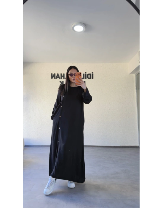 Siyah Salaş Kesim Düğmeli Elbise