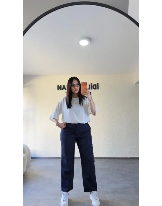 Lacivert Çizgili Premium Kumaş Pantolon