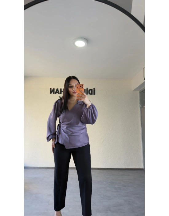 Lila Yan Bağlamalı Nispet Kumaş Bluz