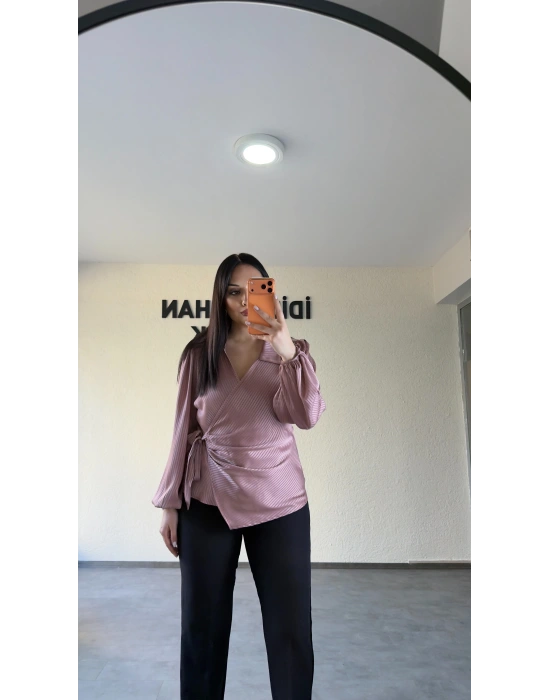 Gül Kurusu Yan Bağlamalı Nispet Kumaş Bluz