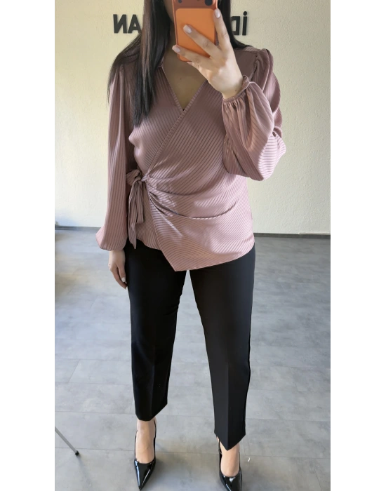 Gül Kurusu Yan Bağlamalı Nispet Kumaş Bluz