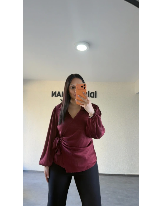 Bordo Yan Bağlamalı Nispet Kumaş Bluz