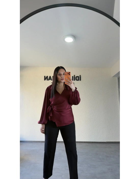 Bordo Yan Bağlamalı Nispet Kumaş Bluz
