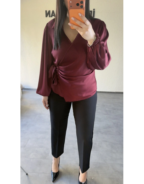 Bordo Yan Bağlamalı Nispet Kumaş Bluz