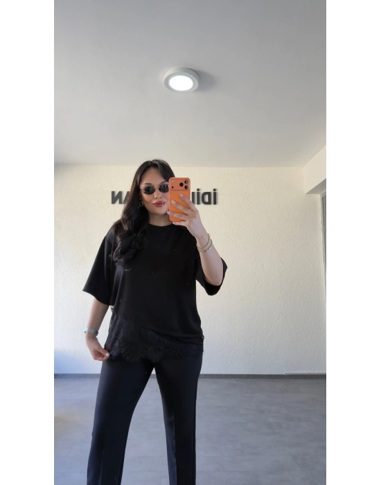 Siyah Dantel Detaylı Tasarım Bluz