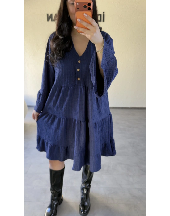 İndigo Mavi Düğme Detaylı Kat Kat Rahat Elbise
