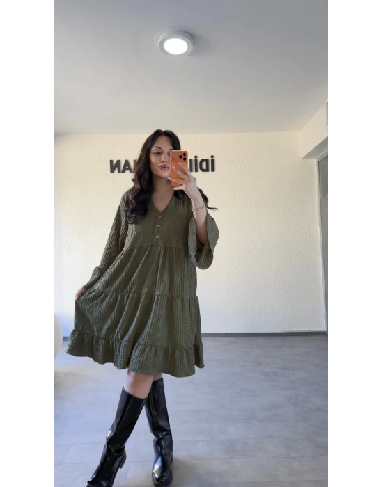 Haki Düğme Detaylı Kat Kat Rahat Elbise