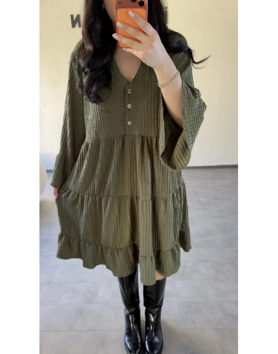 Haki Düğme Detaylı Kat Kat Rahat Elbise