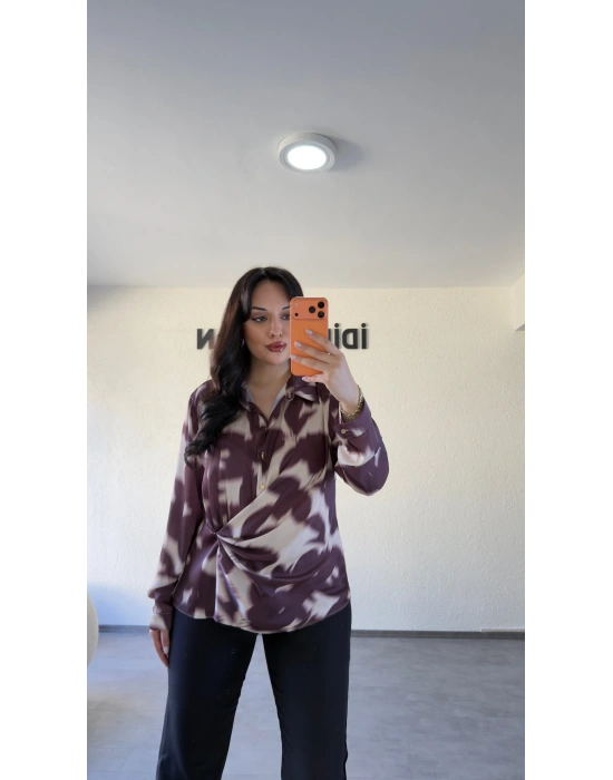 Bordo Bağlama Detaylı Batik Desenli Bluz