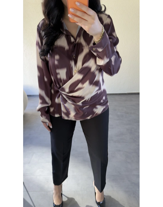 Bordo Bağlama Detaylı Batik Desenli Bluz