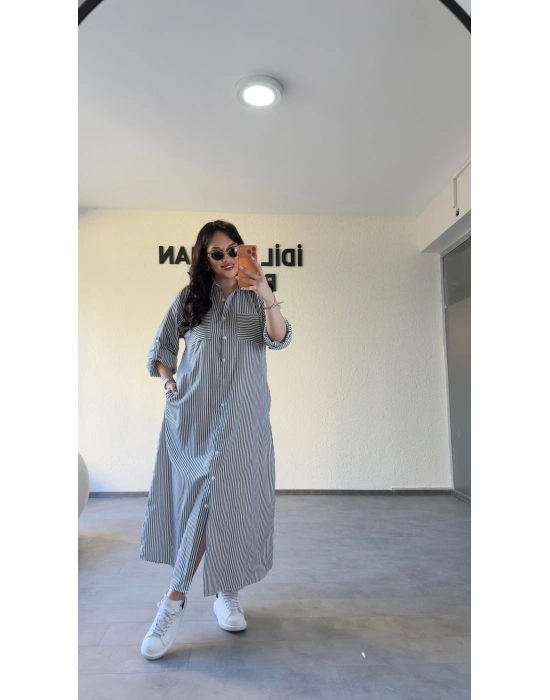 Siyah Çizgili Gömlek Elbise