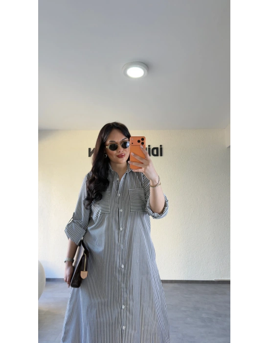 Siyah Çizgili Gömlek Elbise