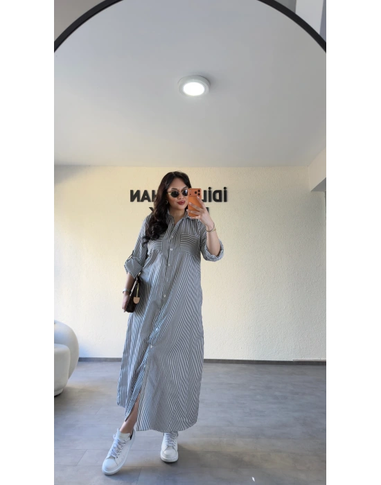 Siyah Çizgili Gömlek Elbise