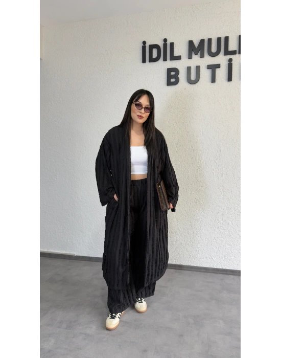 Siyah Kendinden Dokulu Kimono Takım