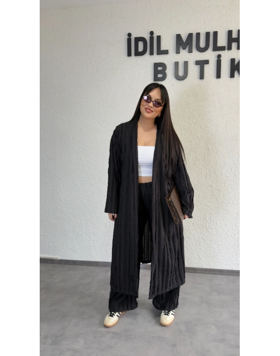 Siyah Kendinden Dokulu Kimono Takım