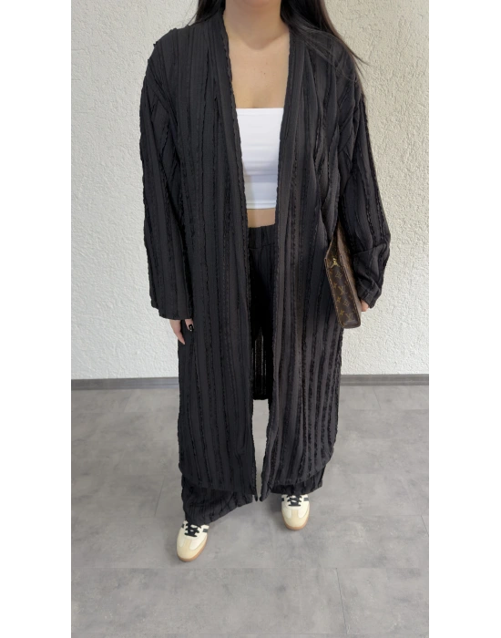 Siyah Kendinden Dokulu Kimono Takım