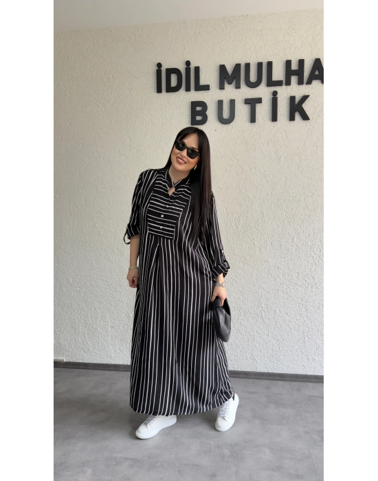 Siyah Beyaz Çizgili Rahat Kesim Elbise