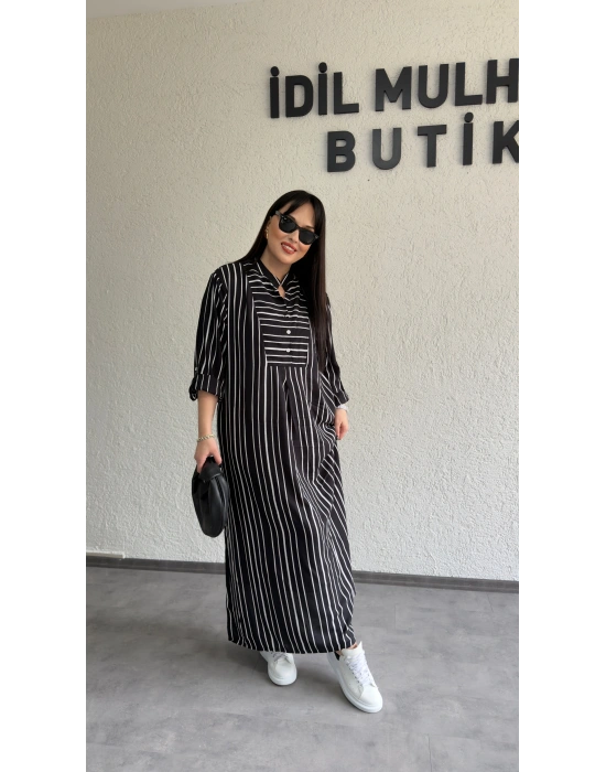 Siyah Beyaz Çizgili Rahat Kesim Elbise