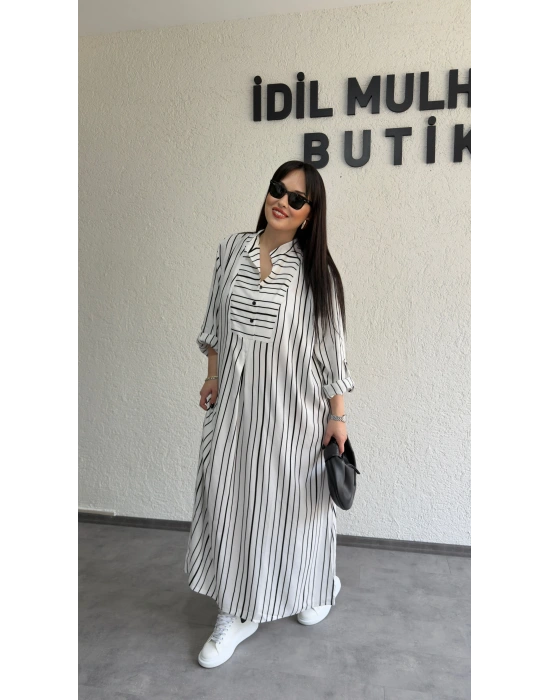 Beyaz Siyah Çizgili Rahat Kesim Elbise